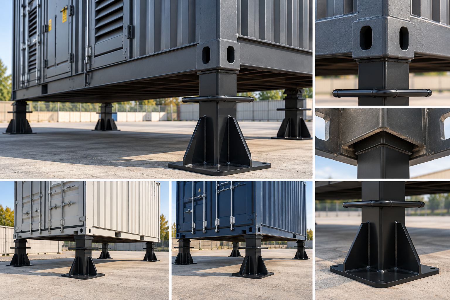 Illustrative visualisation of steel container support legs installed under industrial containers