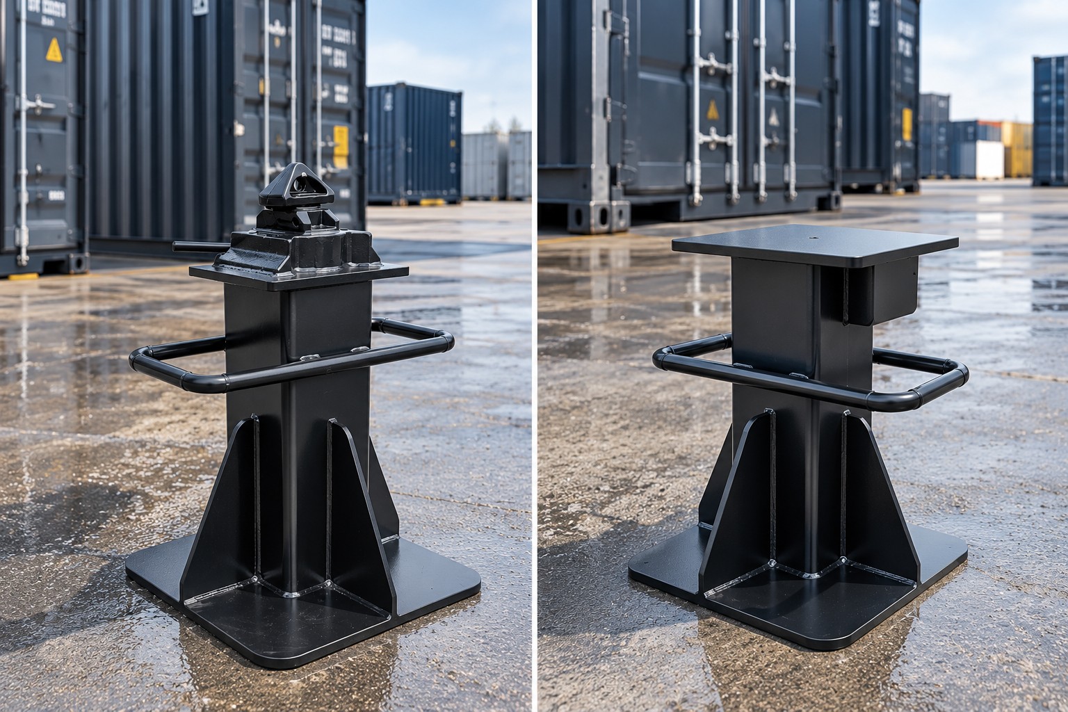 Illustrative visualisation of twistlock-type and flat plate steel support stands in a container yard